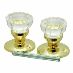 First Watch Security Polished Brass Glass Knob Set with Rosettes and Spindle