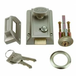 First Watch Security Satin Nickel Door Night Latch and Locking Cylinder