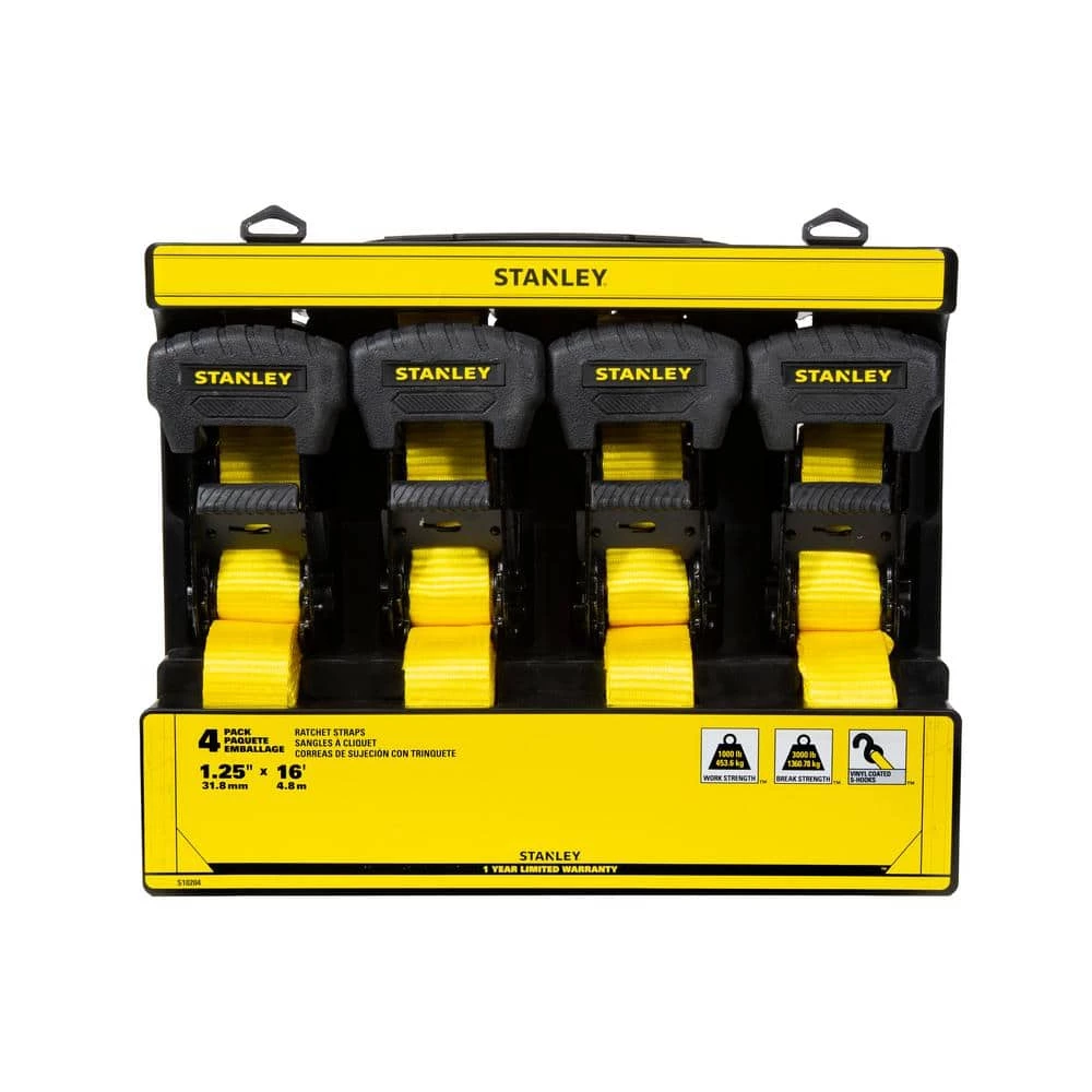 Stanley 1.25 in. x 16 ft. / 3000 lbs. Break Strength Ratchet Straps (4-Pack) - Image 3